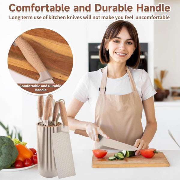 TIDLUX Premium Khaki 6-Piece Stainless Steel Kitchen Knife Set with Universal Knife Block - Tidlux