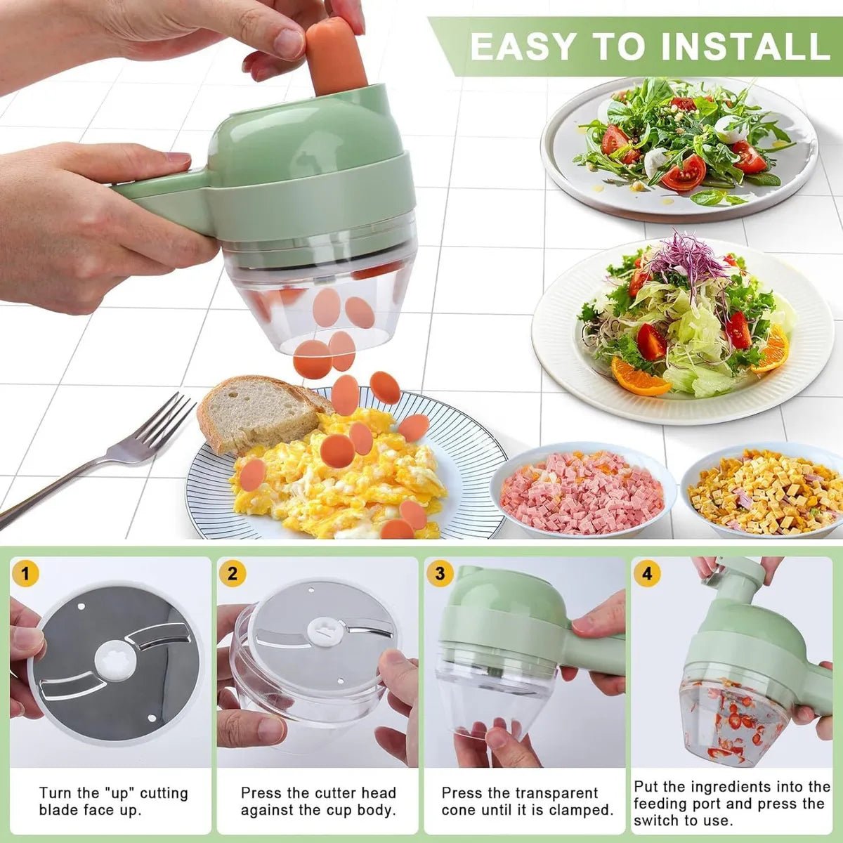 TIDLUX 4-in-1 Electric Vegetable Cutter | One-Touch Handheld Slicer, Chopper & Food Prep Tool - Tidlux