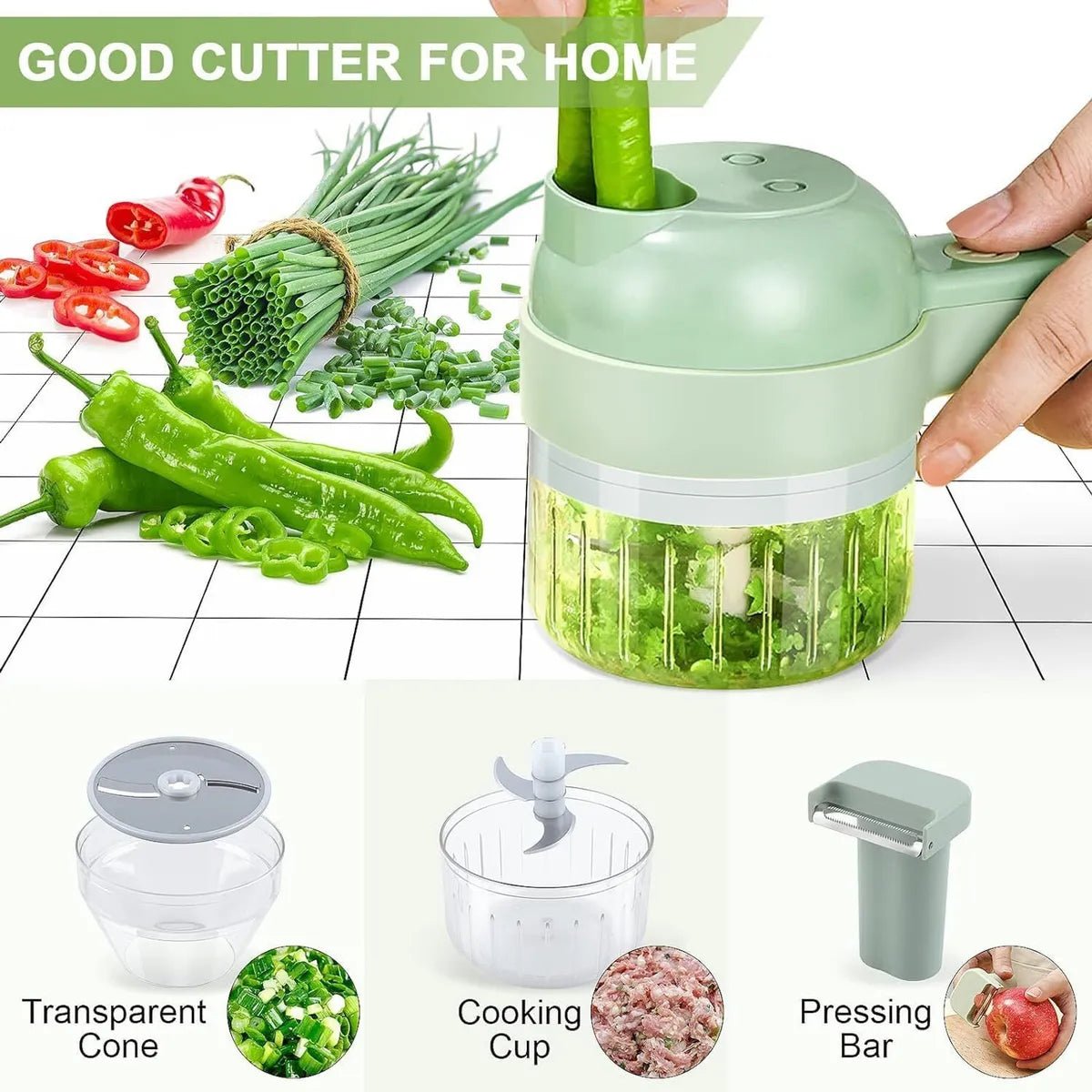 TIDLUX 4-in-1 Electric Vegetable Cutter | One-Touch Handheld Slicer, Chopper & Food Prep Tool - Tidlux